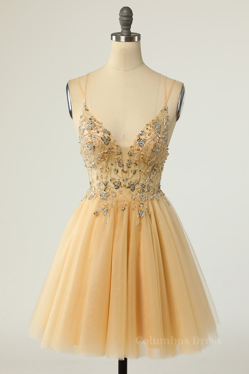Bridesmaids Dress Fall, Champagne Beaded A-line Short Tulle Homecoming Dress