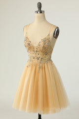 Bridesmaids Dresses Summer, Champagne Beaded A-line Short Tulle Homecoming Dress