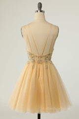 Bridesmaid Dress Summer, Champagne Beaded A-line Short Tulle Homecoming Dress