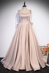 Formal Dress Off The Shoulder, Champagne Beaded Bow Tie Straps Long Formal Dress with Bow Back