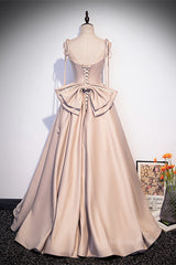 Formal Dresses For Wedding Guests, Champagne Beaded Bow Tie Straps Long Formal Dress with Bow Back