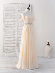Fall Wedding Ideas, Champagne Chiffon Off Shoulder Long Prom Dress Bridesmaid Dress