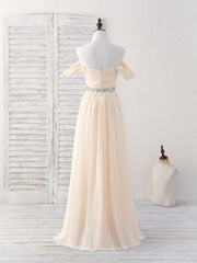 Wedding Inspiration, Champagne Chiffon Off Shoulder Long Prom Dress Bridesmaid Dress