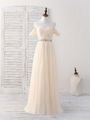 Pretty Prom Dress, Champagne Chiffon Off Shoulder Long Prom Dress Bridesmaid Dress