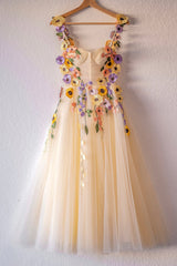 Evening Gown, Champagne Corset Floral Tulle Short Prom Dress, Cute Champagne Homecoming Dress