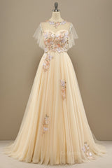 Bridesmaid Dress By Color, Champagne Floral Embroidery A-line Long Formal Dress