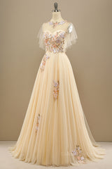 Bridesmaids Dress Trends, Champagne Floral Embroidery A-line Long Formal Dress