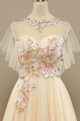 Bridesmaid Dress Mdae To Order, Champagne Floral Embroidery A-line Long Formal Dress