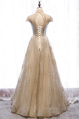Evening Dress 1922, Champagne High Neck Cap Sleeves Sparkly Cut-Out Maxi Formal Dress