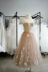 Evening Dress Shop, Champagne Lace Short A-Line Prom Dress, Cute Homecoming Party Dress