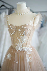 Evening Dress Ideas, Champagne Lace Short A-Line Prom Dress, Cute Homecoming Party Dress