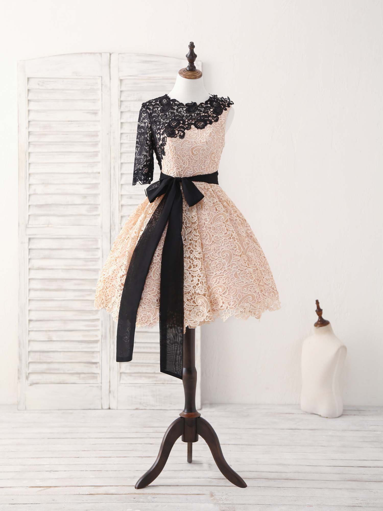 Sequin Dress, Champagne Lace Short Prom Dress, Champagne Homecoming Dress