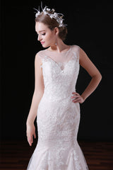 Wedding Dresses Open Back, Champagne Lace Tulle Mermaid Long Wedding Dresses