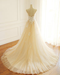 Wedding Dresses Costs, Champagne Long A-line Sweetheart Tulle Spaghetti Sweep Train Wedding Dress