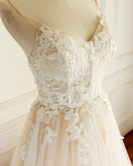 Wedding Dress Costs, Champagne Long A-line Sweetheart Tulle Spaghetti Sweep Train Wedding Dress