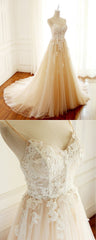 Wedding Dresses Cost, Champagne Long A-line Sweetheart Tulle Spaghetti Sweep Train Wedding Dress
