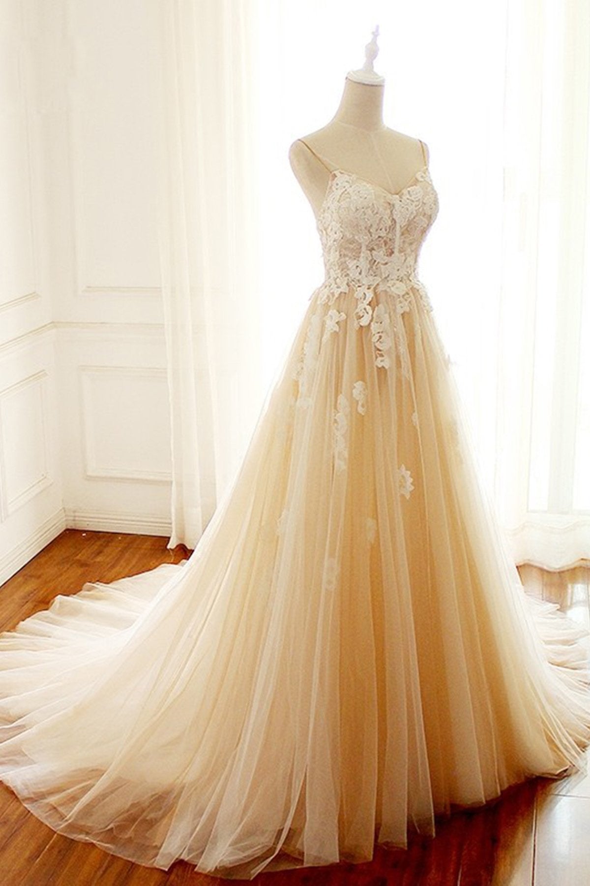 Wedding Dress Cost, Champagne Long A-line Sweetheart Tulle Spaghetti Sweep Train Wedding Dress