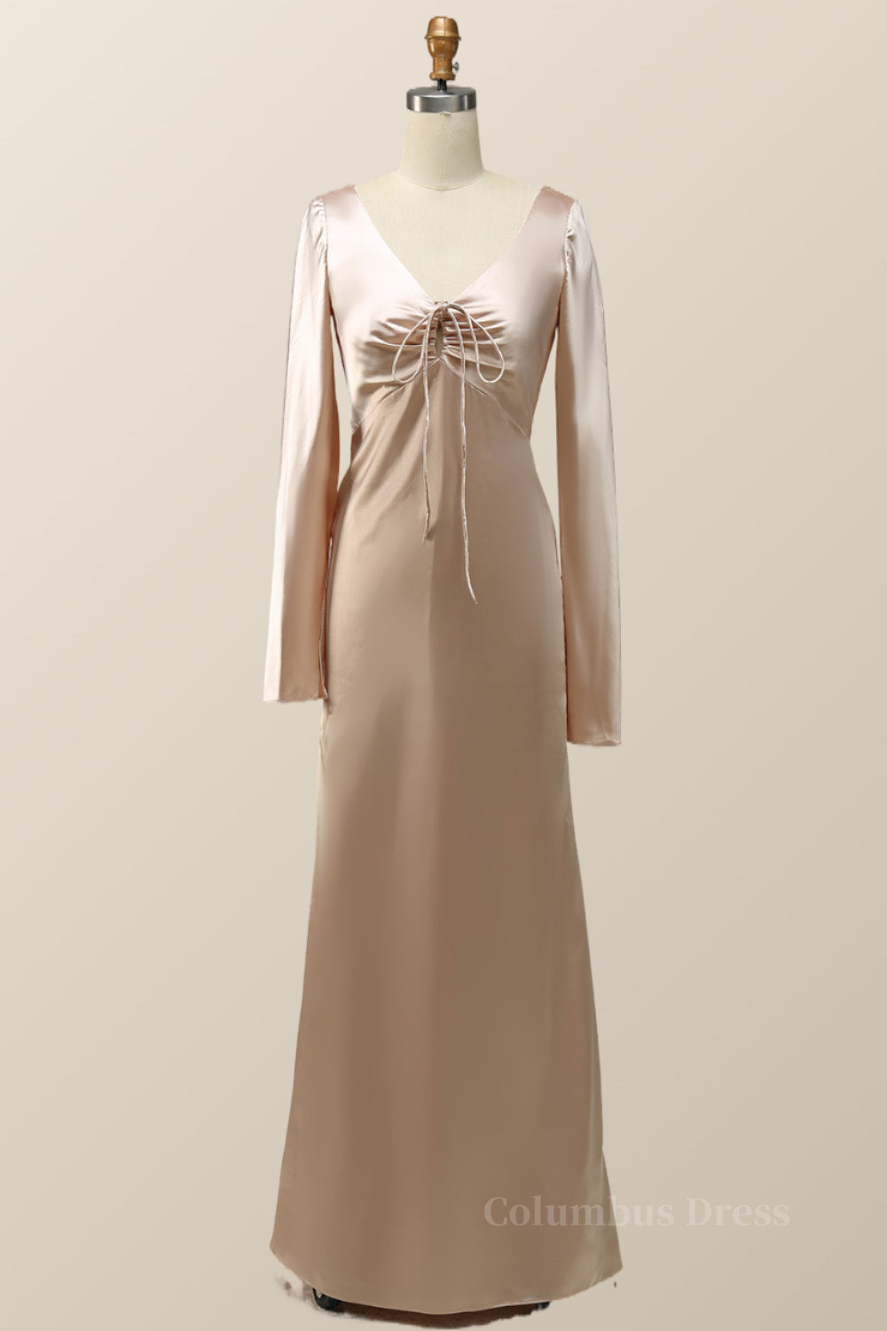 Prom Dress Two Pieces, Champagne Long Sleeves Keyhole Bridesmaid Dress