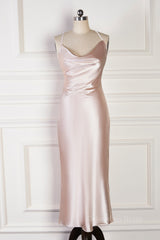 Party Dresses Styles, Champagne Mermaid Spaghetti Straps Satin Backless Long Bridesmaid Dress