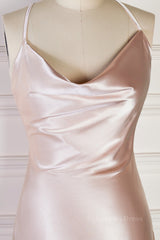 Party Dresses Store, Champagne Mermaid Spaghetti Straps Satin Backless Long Bridesmaid Dress