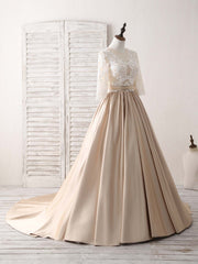 Winter Formal Dress, Champagne Round Neck Satin Lace Long Prom Dress, Evening Dress