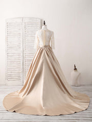 Wedding Theme, Champagne Round Neck Satin Lace Long Prom Dress, Evening Dress
