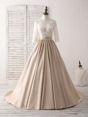 Wedding Color, Champagne Round Neck Satin Lace Long Prom Dress, Evening Dress