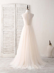 Bridesmaid Dresses Lavender, Champagne Round Neck Tulle Lace Applique Long Prom Dress
