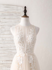 Winter Wedding, Champagne Round Neck Tulle Lace Applique Long Prom Dress