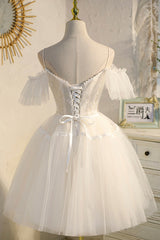 Sparklie Dress, Champagne Spaghetti Straps Lace Short Prom Dress,  A-Line Party Dress