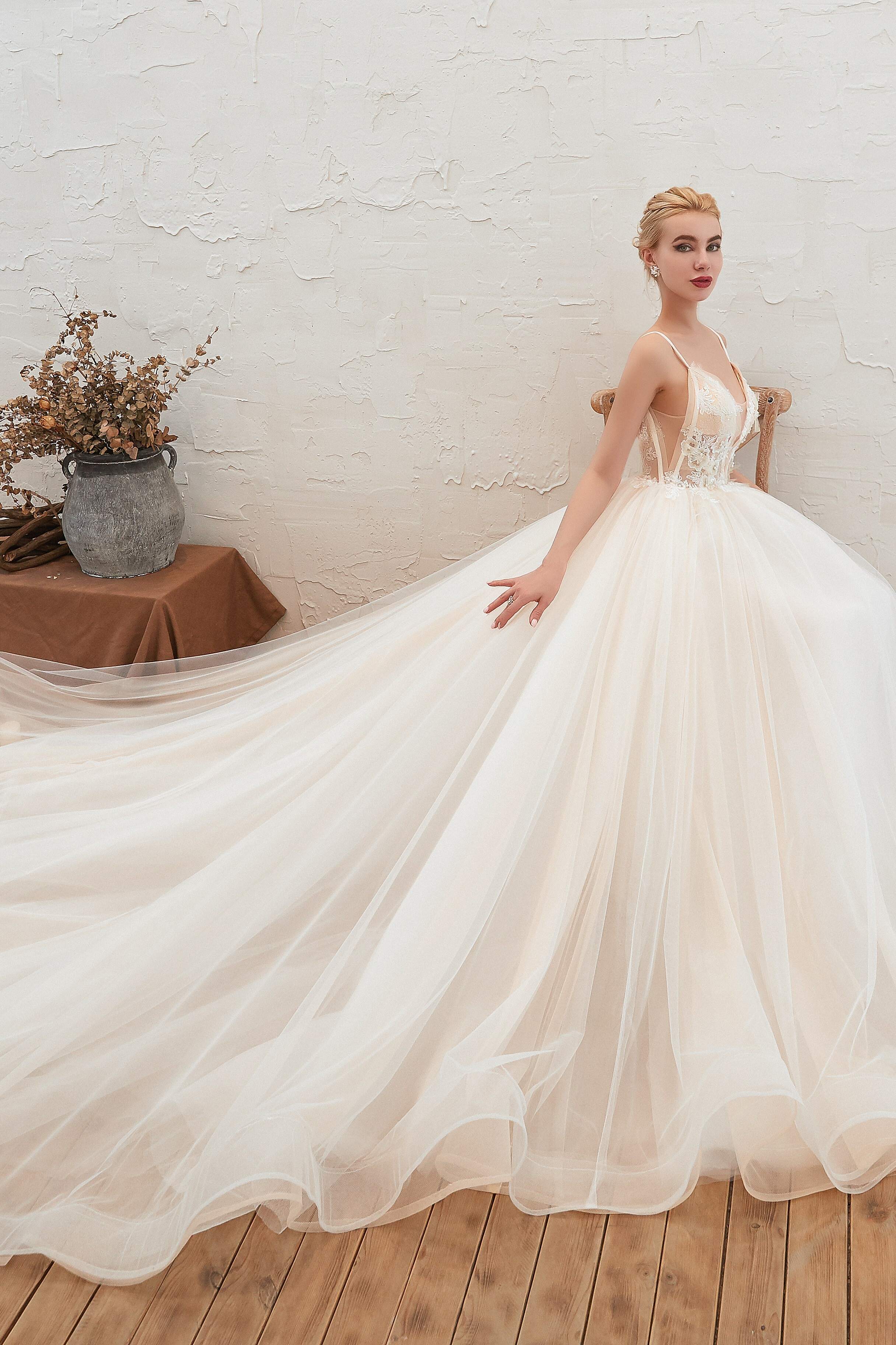 Wedding Dress Classy Elegant, Champagne Spaghetti Straps V-neck Floor Length A-line Lace Tulle Wedding Dresses