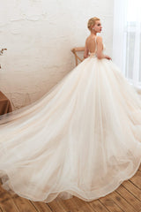 Wedding Dresses Elegant Simple, Champagne Spaghetti Straps V-neck Floor Length A-line Lace Tulle Wedding Dresses