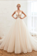 Wedding Dress Elegant Simple, Champagne Spaghetti Straps V-neck Floor Length A-line Lace Tulle Wedding Dresses