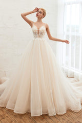 Wedding Dress Under 5008, Champagne Spaghetti Straps V-neck Floor Length A-line Lace Tulle Wedding Dresses