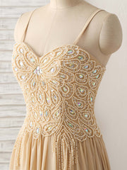 Formal Dress Long Gowns, Champagne Sweetheart Neck Beads Long Prom Dress Evening Dress