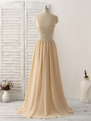 Formal Dress Boutiques Near Me, Champagne Sweetheart Neck Beads Long Prom Dress Evening Dress