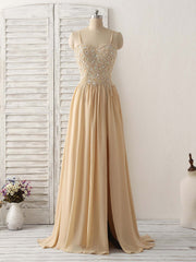 Formal Dress Long Gown, Champagne Sweetheart Neck Beads Long Prom Dress Evening Dress