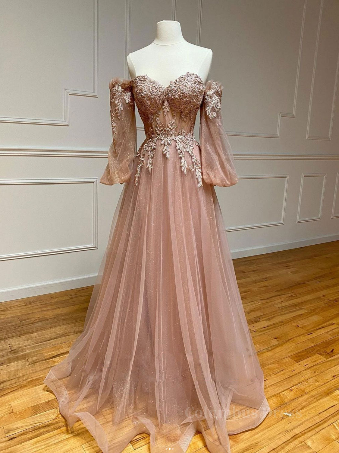 Prom Dress Affordable, Champagne sweetheart neck tulle lace long prom dress, lace evening dress