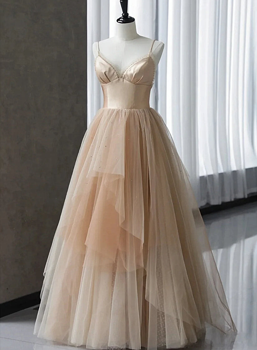 Homecoming Dress Websites, Champagne Tulle Gradient Tulle Straps Long Evening Dress, Charming Formal Gown