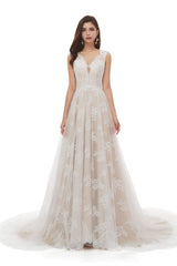 Wedding Dresses 2031, Champagne Tulle Lace Deep V-neck Backless Pearls Wedding Dresses