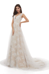 Wedding Dress Elegant, Champagne Tulle Lace Deep V-neck Backless Pearls Wedding Dresses