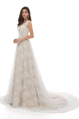 Wedding Dress Sale, Champagne Tulle Lace Deep V-neck Backless Pearls Wedding Dresses