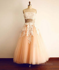 Wedding Dress Mermaid, Champagne Tulle Lace Tea Pearl Prom Dresses, Lace Wedding Dresses