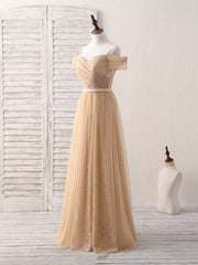 Party Dress Europe, Champagne Tulle Long Bridesmaid Dress, Champagne Prom Dresses