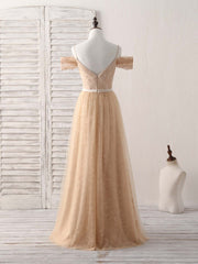 Party Dresses Europe, Champagne Tulle Long Bridesmaid Dress, Champagne Prom Dresses
