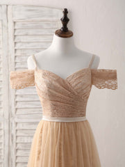 Party Dresses Cocktail, Champagne Tulle Long Bridesmaid Dress, Champagne Prom Dresses