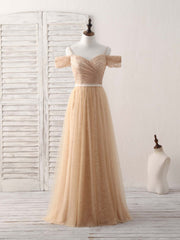Party Dresses For Ladies, Champagne Tulle Long Bridesmaid Dress, Champagne Prom Dresses