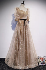 Prom Dresses Laces, Champagne Tulle Long Party Dress, Short Sleeves A-line Formal Dress Evening Dress