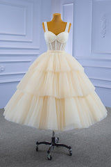Evening Dresses Open Back, Champagne Tulle Short Prom Dress with Beaded, A-Line Tea Length Party Dress