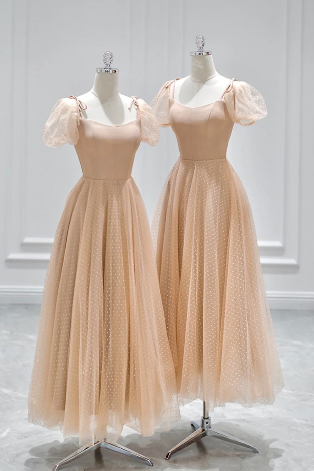 Party Dresses Outfits, Champagne Tulle Tea Length Prom Dress, Cute Short Sleeve Evening Dress